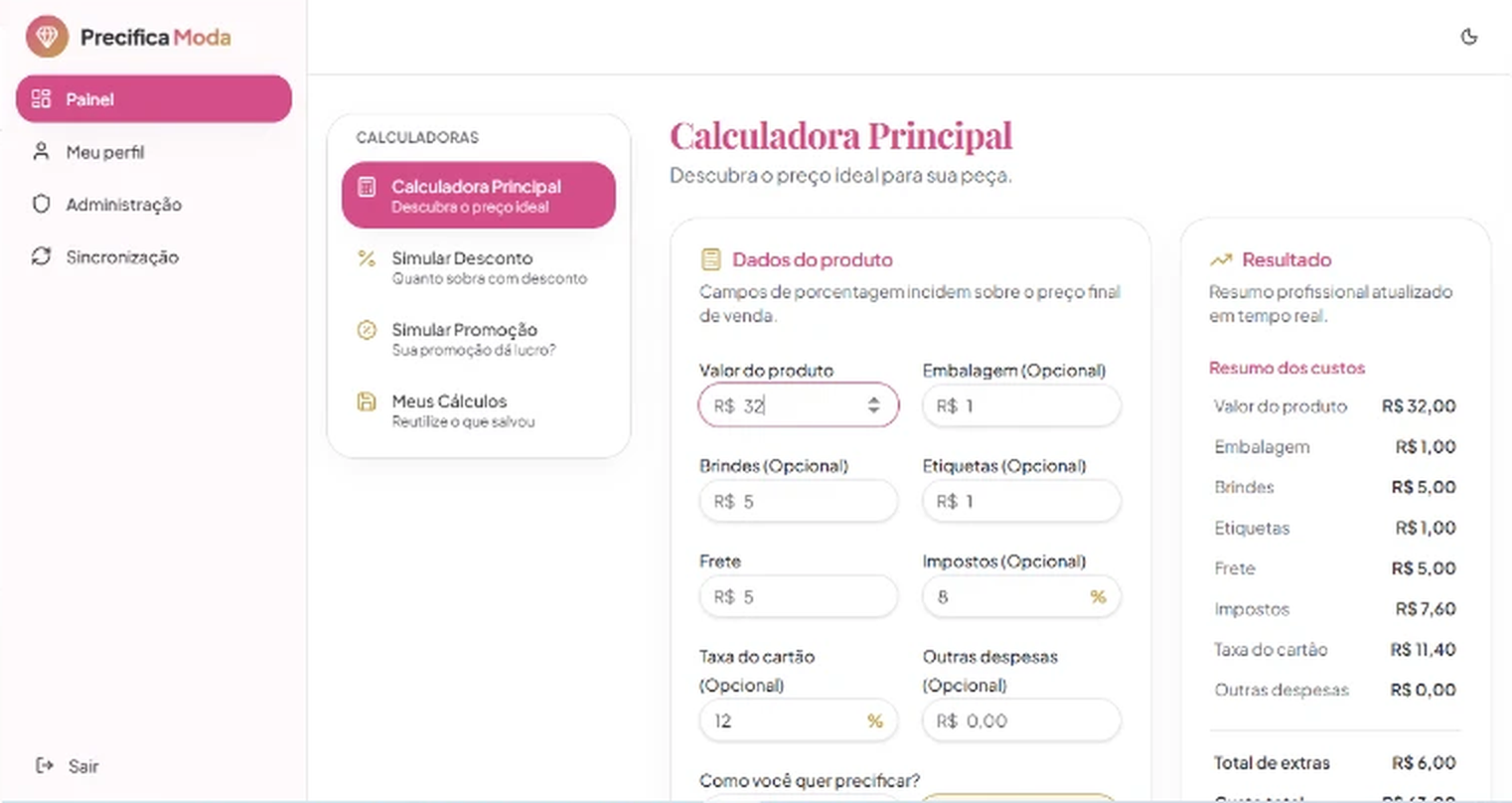 Painel da calculadora de precificação Precifica Moda